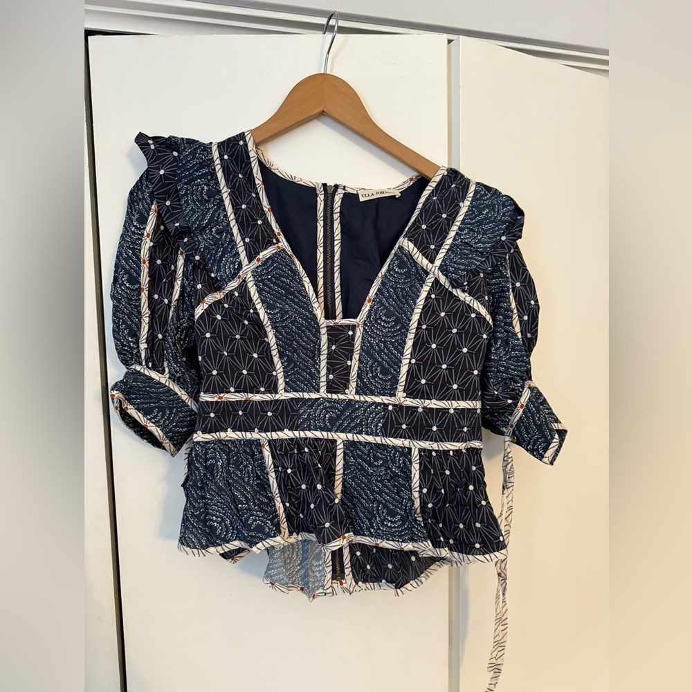 Ulla Johnson Navy Blue Printed Peplum Top